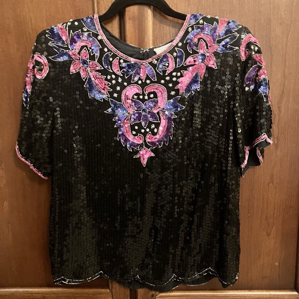 Vintage Silk Sequin Top Women's PM Black 80s Beaded Colorful Party Golden‎ Girls